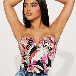 Fashion Nova Crop Top Womens Medium Black Pink Floral Bustier Smocked Back Cami